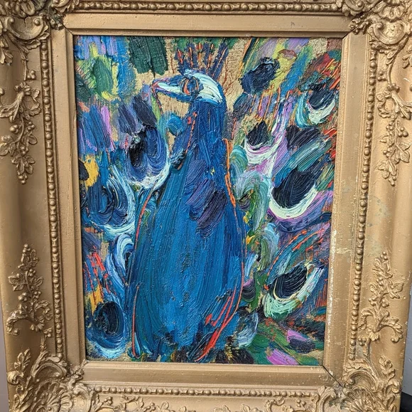 Oil on canvas peacock painting by Hunt Slonem. 11" x 14". Painted 2011. - Picture 6 of 15